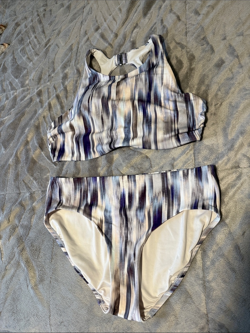 Striped Two-Piece High Neck Bikini - Blue, Gray, White